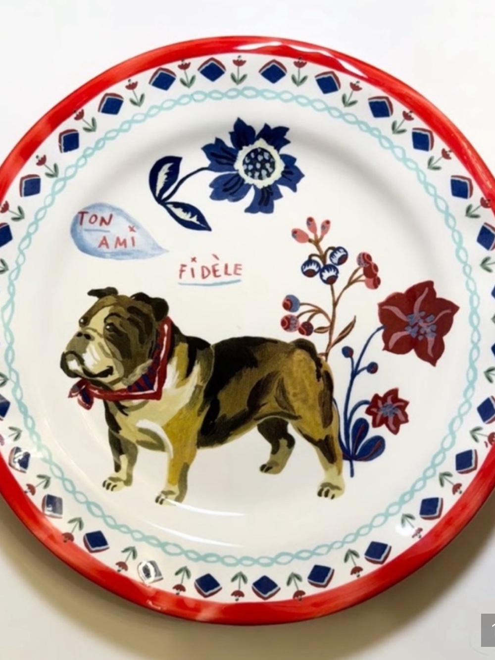 NWOT Anthropologie Nathalie Lete Fidele Bulldog 10” Dinner Plate Red Blue